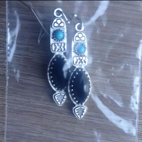 Silver Aztec or native style faux lapis Lazuli and turquoise boho drop earrings - Picture 4 of 5